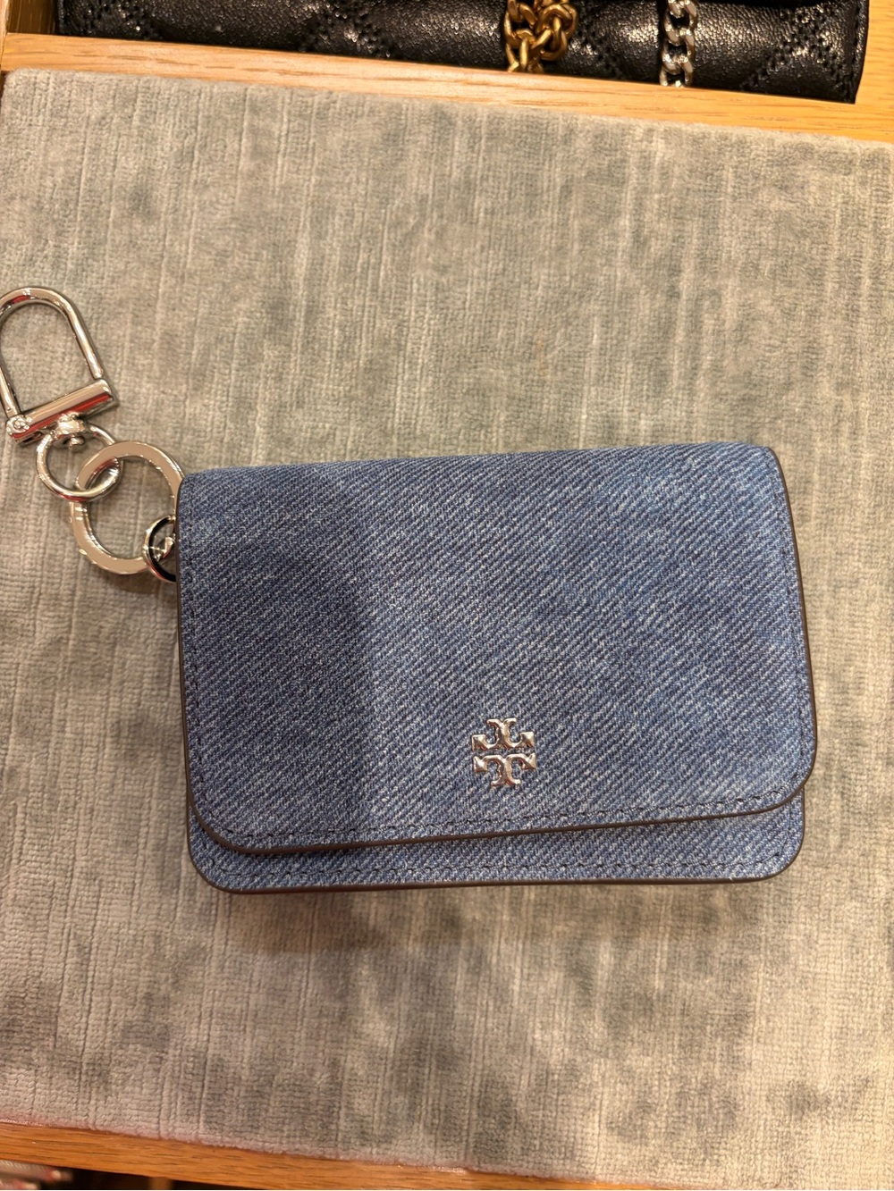 Tory Burch blue denim leather Thea flip card chain Case -ID holder new